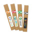 A set of four coloured paper drinking straws in packaging, featuring orange, red, green, and black and white stripes.
