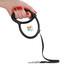A black retractable dog lead with a hand grip and a clip at the end, featuring a logo on the handle.