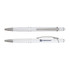 A sleek white aluminium pen with silver accents and a branding logo on the side.
