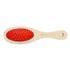 A pet grooming brush featuring a wooden handle and a red rubber base with metal bristles. It has a logo on the handle.