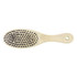 A pet grooming brush with a wooden handle and black bristles, featuring a rounded shape and a small hole for hanging.