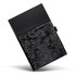 A black sequin notebook with a smooth black cover and a sequin-embellished front. It features a logo. A black sequin notebook with a smooth black cover and a sequin-embellished front. It features a logo.