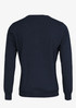 A dark navy cardigan featuring a crew neck and long sleeves, with a smooth textured finish. It has a logo on the back.