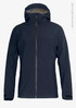 A navy blue women's shell jacket with a hood and zip closure, featuring a logo on the chest.