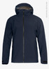 A dark blue men's shell jacket with a hood, featuring zippered pockets and made from recycled polyester.