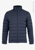 A navy blue women's down jacket featuring a zip front and long sleeves, made from recycled polyester.