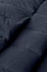 A close-up of a navy blue down jacket, featuring quilted panels and a soft texture. The image displays the jacket's padding.