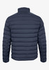 A navy blue down jacket featuring a quilted design and standing collar. It has branding on the back.