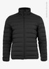 A black down jacket with a zip front and quilted design, featuring a logo on the upper chest area.