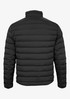 A black down jacket with a quilted design, featuring a high collar and no visible logos on the back.