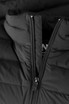 A black down jacket with a high collar and a zippered front. It features quilted detailing and includes a logo.