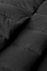 A close-up of a black down jacket featuring a quilted design with visible stitching and padded sections.