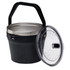 A black bucket with a stainless steel inner lining and a clear, patterned lid, featuring a handle. A black bucket with a stainless steel inner lining and a clear, patterned lid, featuring a handle.