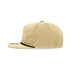 A beige 5 panel high profile relaxed rope hat featuring a black trim and a logo on the front.