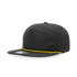 A high-profile, relaxed black hat with a yellow rope detail and a curved brim. Features a logo on the front.
