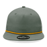 A grey high-profile relaxed rope hat with an orange braided band and a logo on the front.