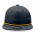 A high-profile, relaxed 5-panel hat in navy with a yellow rope accent and a logo on the front.