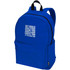 A blue laptop backpack with a logo and a front zip pocket for storage.