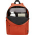 An orange laptop backpack with a spacious interior, containing a drink bottle, laptop sleeve, and notebook.