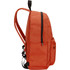 An orange backpack with a zippered compartment and adjustable straps, featuring one side pocket.