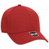 A red 6 panel low profile baseball cap with a logo on the front. The cap features a textured fabric design.
