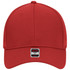 A red 6 panel low profile baseball cap with a logo tag on the front.