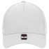A white six-panel low profile baseball cap with a branded label on the front.