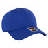 A blue six panel low profile baseball cap with a branded label attached.