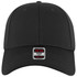 A black low profile baseball cap with a six-panel design and a branding label on the front.