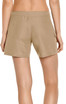 Women's cargo board shorts in a light tan colour, featuring a waistband and side pocket. Contains branding.