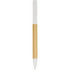 A pen with a bamboo body and white accents, featuring a logo on the surface.