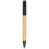 A bamboo pen with a black top and tip, featuring a simple design and a logo on the barrel.