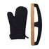 A black oven mitt and a wooden pizza peel with a black handle, featuring a simple design and branding. A black oven mitt and a wooden pizza peel with a black handle, featuring a simple design and branding.