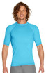 A light blue short sleeve rashie with a snug fit and raglan sleeves, featuring a logo.