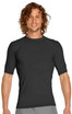 A black short sleeve rashie featuring a fitted design and a logo on the front.