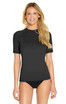 Short sleeve rashie in black with a fitted design, featuring a logo on the fabric. UPF 50+ protection.