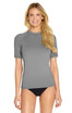 A grey adult short sleeve rashie with a fitted design, featuring a round neckline and a logo.
