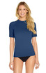 A blue adult short sleeve rashie with UPF 50+ protection, worn by a model. The shirt has a logo.