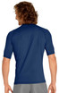 A short sleeve rashie in navy blue, featuring a fitted design and a logo on the back.