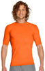An orange adult short sleeve rashie with a fitted design and a logo on the chest.