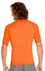 An adult short sleeve rashie in bright orange, featuring a snug fit and a logo on the back.