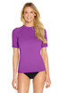A purple short sleeve rashie with a fitted design, featuring a round neckline and a logo.