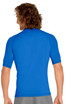 A blue adult short sleeve rashie with UPF 50+ protection, featuring a logo on the back.
