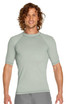 A short sleeve rashie in a soft green hue featuring a fitted style and a logo. Ideal for sun protection with UPF 50+.