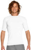 A white short sleeve rashie featuring UPF 50+ protection, with a fitted design and a logo on the chest.