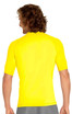 A yellow adult short sleeve rashie with UPF 50+, featuring a fitted design and a logo on the back.