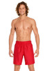 Red men's volley swim trunks featuring a comfortable elastic waistband and a logo. Ideal for beach or pool wear.