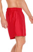 A pair of red men's swim trunks designed for sun protection, featuring an elastic waistband and side pocket.