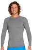 A man wearing a grey long sleeve rashie with a fitted design. The garment features a round neckline and long sleeves.