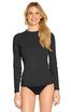 A long sleeve rashie in black with a fitted design, featuring a logo on the garment.